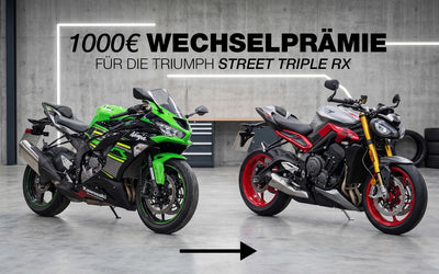 Eine Kawasaki Ninja wird für eine Triumph Street Triple RX eingetauscht  um die 1000 € Wechselprämie zu erhalten.